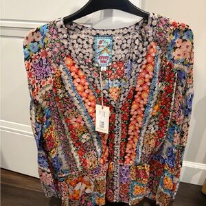 JOHNNY WAS Becky Peasant Floral Patchwork V-Neck Blouse - Pink Red Blue Purple